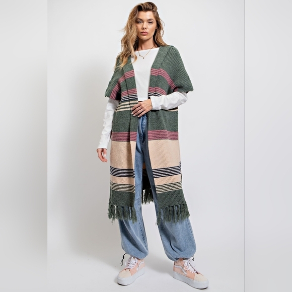 Sweaters - Easel Knit Cardigan Kimono, striped, fringe, hood, One Size, Oversized. NWT